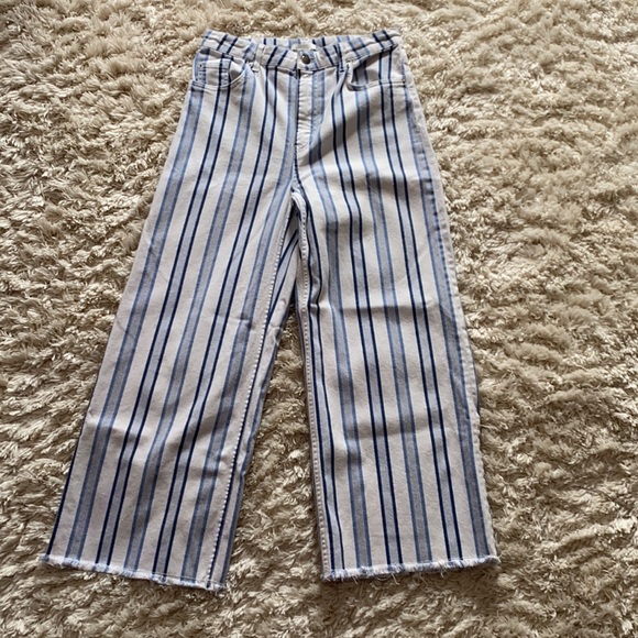 Blue & White Striped Highwaisted Wide Leg Pants - Picture 1 of 13
